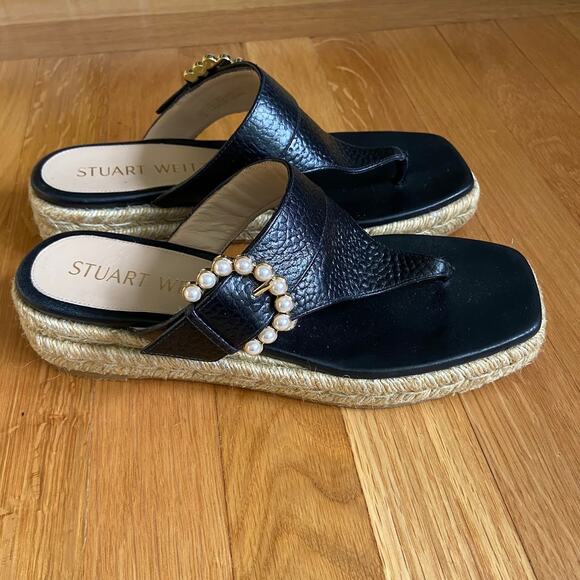 Stuart Weitzman Black Espadrille Sandals with Pearl Accent - Picture 2 of 9